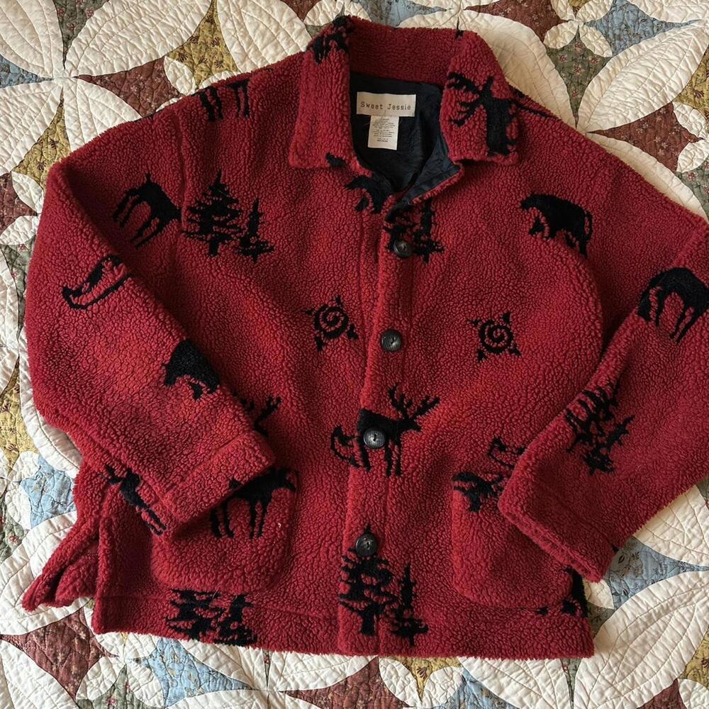 Sweet Jessie vintage 90s red Sherpa fleece jacket cabin granola camping outdoors